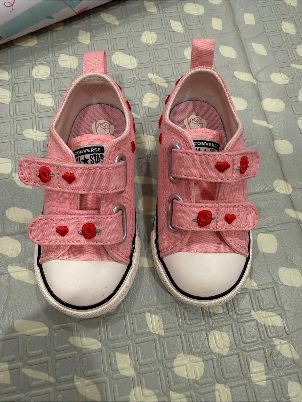 Converse Kids Pink Canvas Sneakers with Red Heart & Rose Embroidery